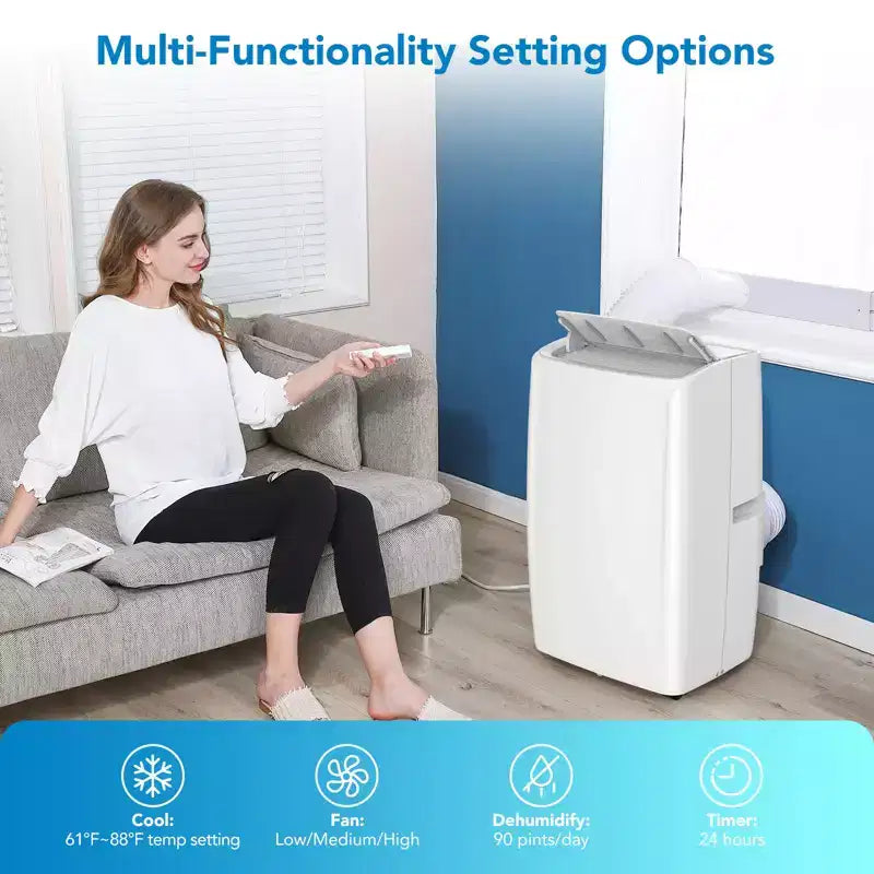 Acondicionador de aire portátil de 10000 BTU, aire acondicionado para el hogar con control remoto para habitaciones de hasta 450 pies cuadrados, funciones 3 en 1/temporizador de 24 horas/ruedas giratorias