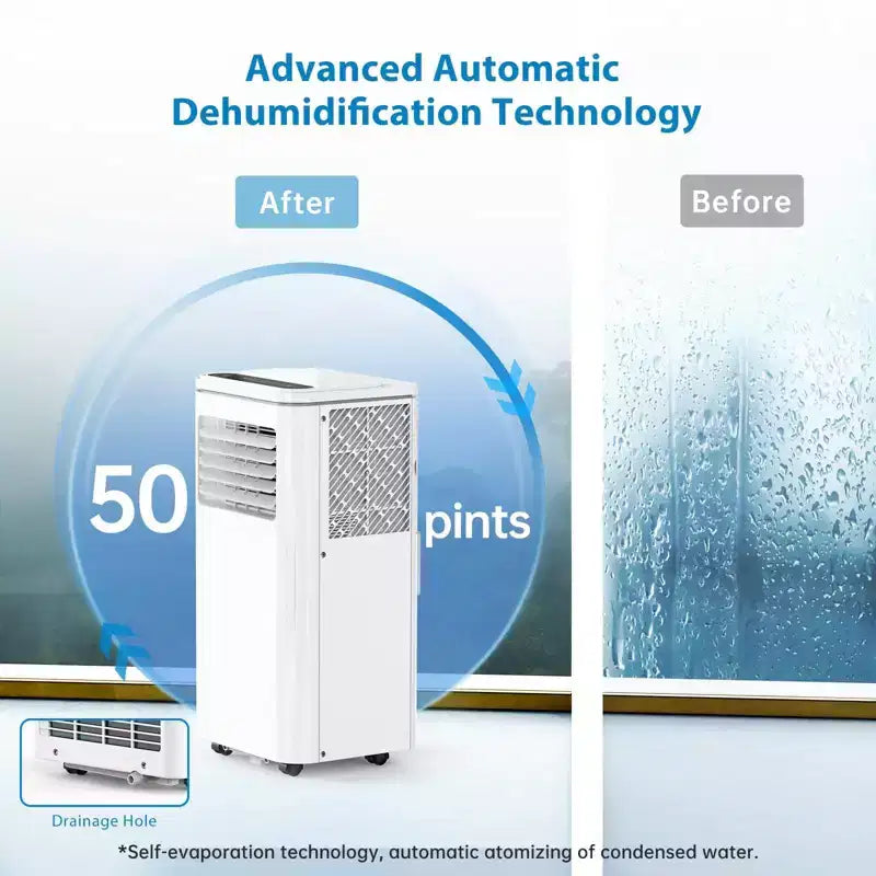 Acondicionador de aire portátil de 10000 BTU, aire acondicionado para el hogar con control remoto para habitaciones de hasta 450 pies cuadrados, funciones 3 en 1/temporizador de 24 horas/ruedas giratorias