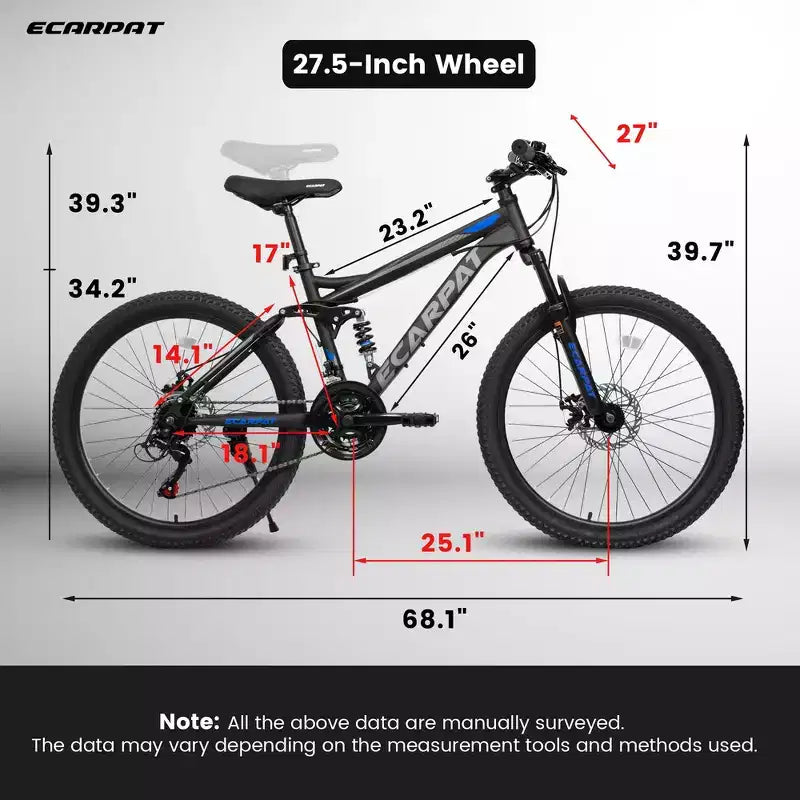 Bicicleta de montaña Whisen de doble suspensión y 27,5 pulgadas, amortiguadores delanteros y traseros, frenos de disco mecánicos, 21 velocidades