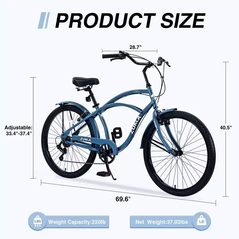 Bicicletas Whisen 26 para adultos con cuadro de acero y barra baja, 7 velocidades, frenos V delanteros y traseros