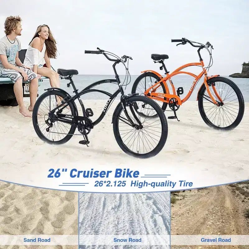 Bicicletas Whisen 26 para adultos con cuadro de acero y barra baja, 7 velocidades, frenos V delanteros y traseros