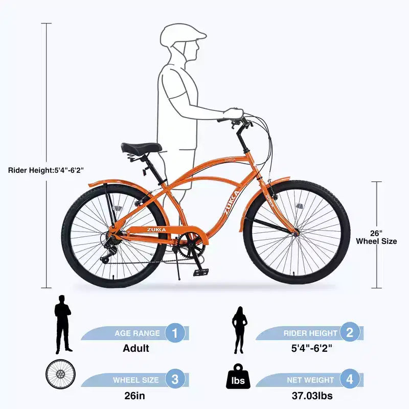 Bicicletas Whisen 26 para adultos con cuadro de acero y barra baja, 7 velocidades, frenos V delanteros y traseros