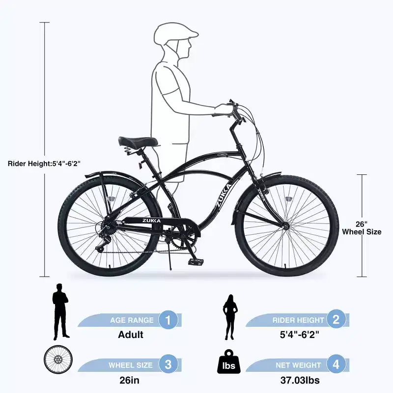 Bicicletas Whisen 26 para adultos con cuadro de acero y barra baja, 7 velocidades, frenos V delanteros y traseros