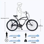 Bicicletas Whisen 26 para adultos con cuadro de acero y barra baja, 7 velocidades, frenos V delanteros y traseros