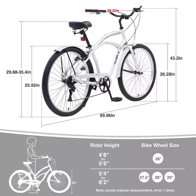 Bicicletas Whisen 26 para adultos con cuadro de acero y barra baja, 7 velocidades, frenos V delanteros y traseros