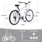 Bicicletas Whisen 26 para adultos con cuadro de acero y barra baja, 7 velocidades, frenos V delanteros y traseros