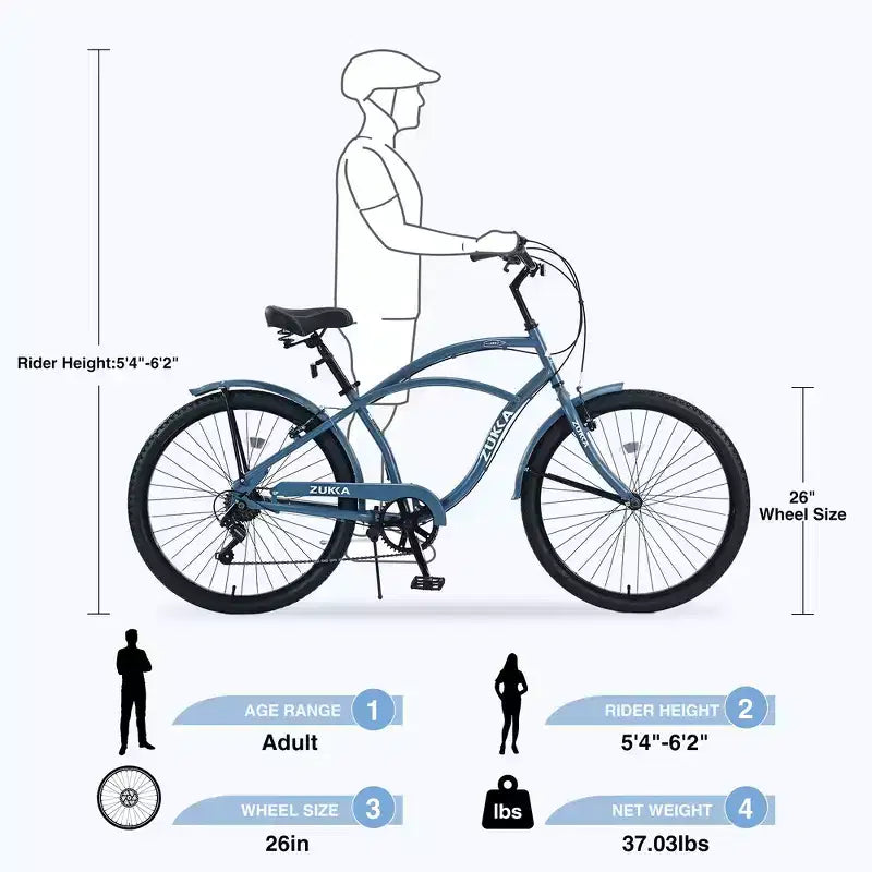 Bicicletas Whisen 26 para adultos con cuadro de acero y barra baja, 7 velocidades, frenos V delanteros y traseros