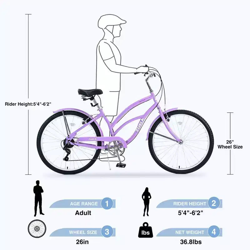 Bicicleta playera Whisen 26 para mujer, con cuadro de acero de diseño bajo y 7 velocidades.