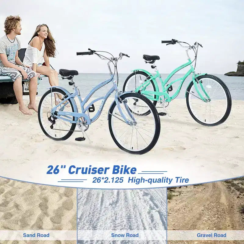 Bicicleta playera Whisen 26 para mujer, con cuadro de acero de diseño bajo y 7 velocidades.
