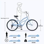 Bicicleta playera Whisen 26 para mujer, con cuadro de acero de diseño bajo y 7 velocidades.