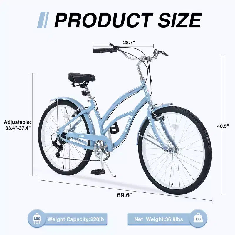 Bicicleta playera Whisen 26 para mujer, con cuadro de acero de diseño bajo y 7 velocidades.