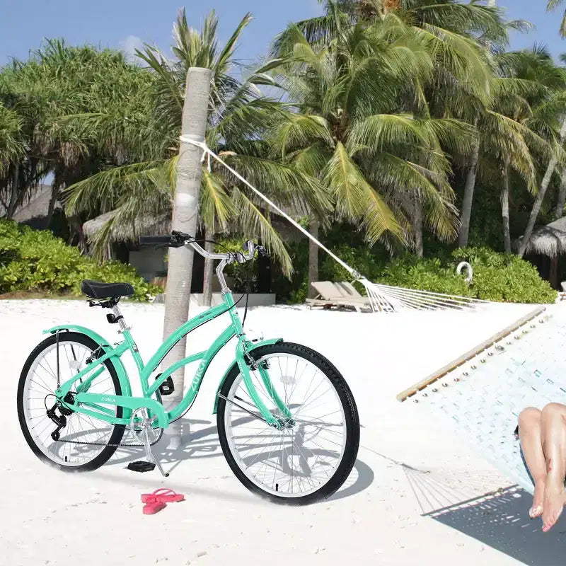 Bicicleta playera Whisen 26 para mujer, con cuadro de acero de diseño bajo y 7 velocidades.