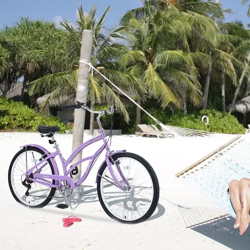 Bicicleta playera Whisen 26 para mujer, con cuadro de acero de diseño bajo y 7 velocidades.