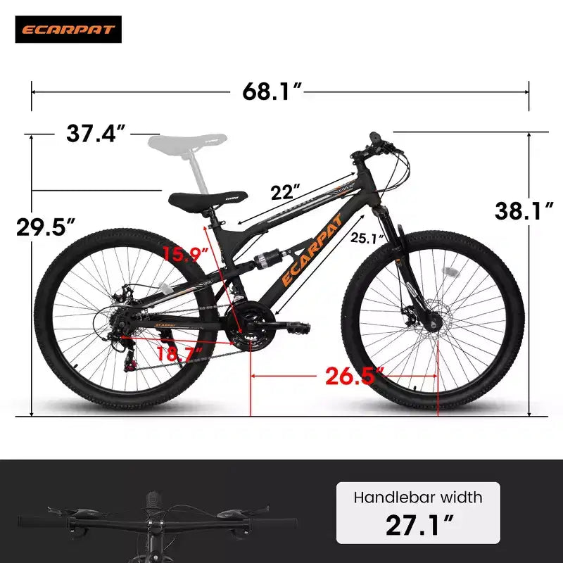 Bicicleta de Montaña Whisen de 26 Pulgadas, Cuadro de Acero, Horquilla con Suspensión, Amortiguador Adicional, 21 Velocidades, Unisex