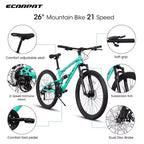Bicicleta de Montaña Whisen de 26 Pulgadas, Cuadro de Acero, Horquilla con Suspensión, Amortiguador Adicional, 21 Velocidades, Unisex