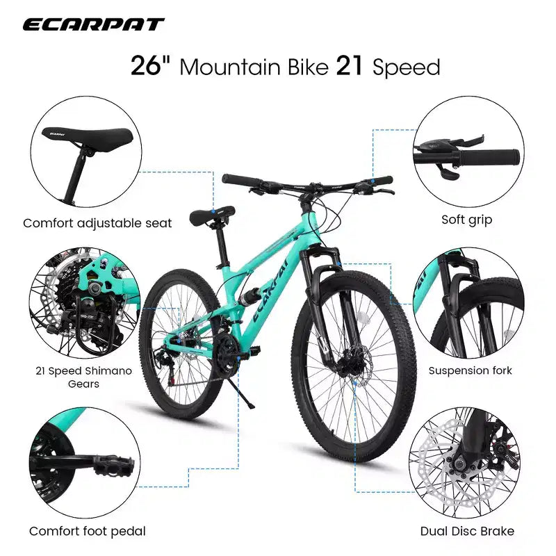 Bicicleta de Montaña Whisen de 26 Pulgadas, Cuadro de Acero, Horquilla con Suspensión, Amortiguador Adicional, 21 Velocidades, Unisex