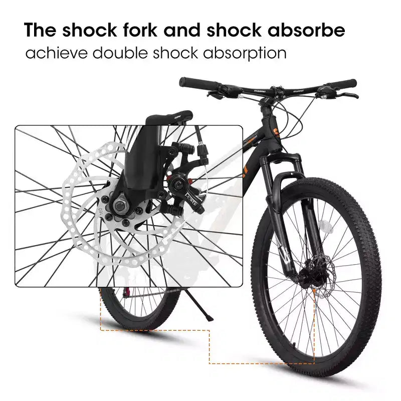 Bicicleta de Montaña Whisen de 26 Pulgadas, Cuadro de Acero, Horquilla con Suspensión, Amortiguador Adicional, 21 Velocidades, Unisex