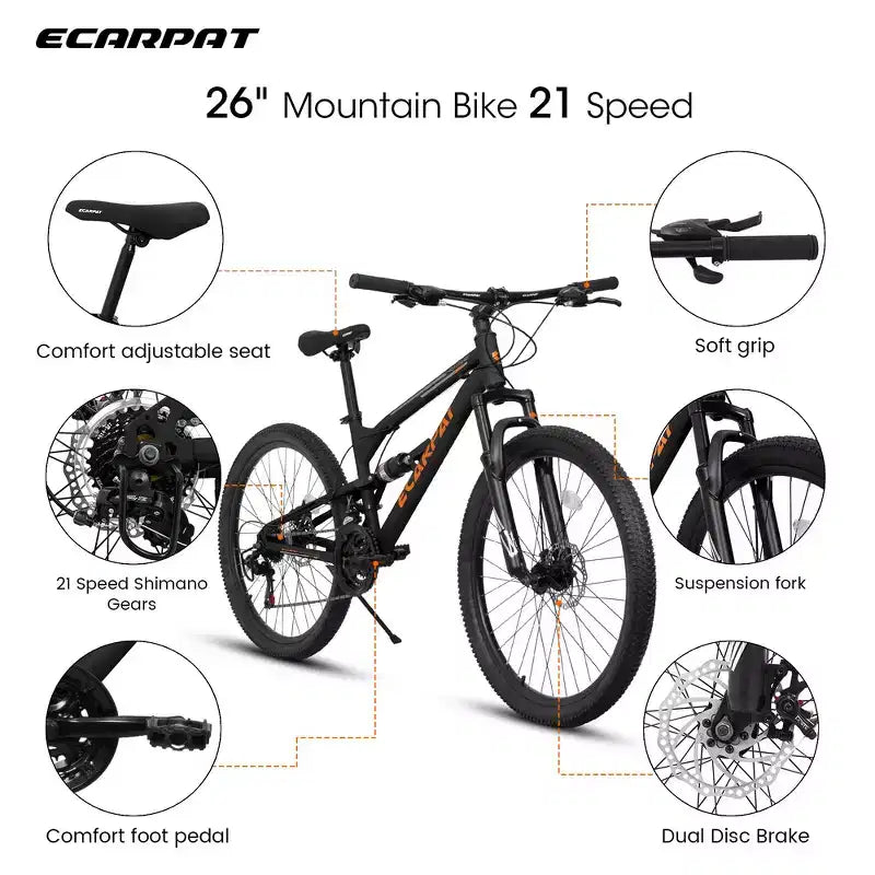 Bicicleta de Montaña Whisen de 26 Pulgadas, Cuadro de Acero, Horquilla con Suspensión, Amortiguador Adicional, 21 Velocidades, Unisex
