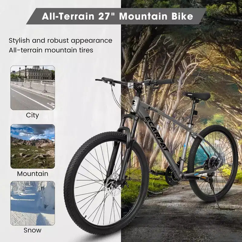 Bicicleta de Montaña Whisen de 27 Pulgadas y 21 Velocidades, Horquilla de Suspensión, Freno de Disco y Cuadro de Aluminio - Gris