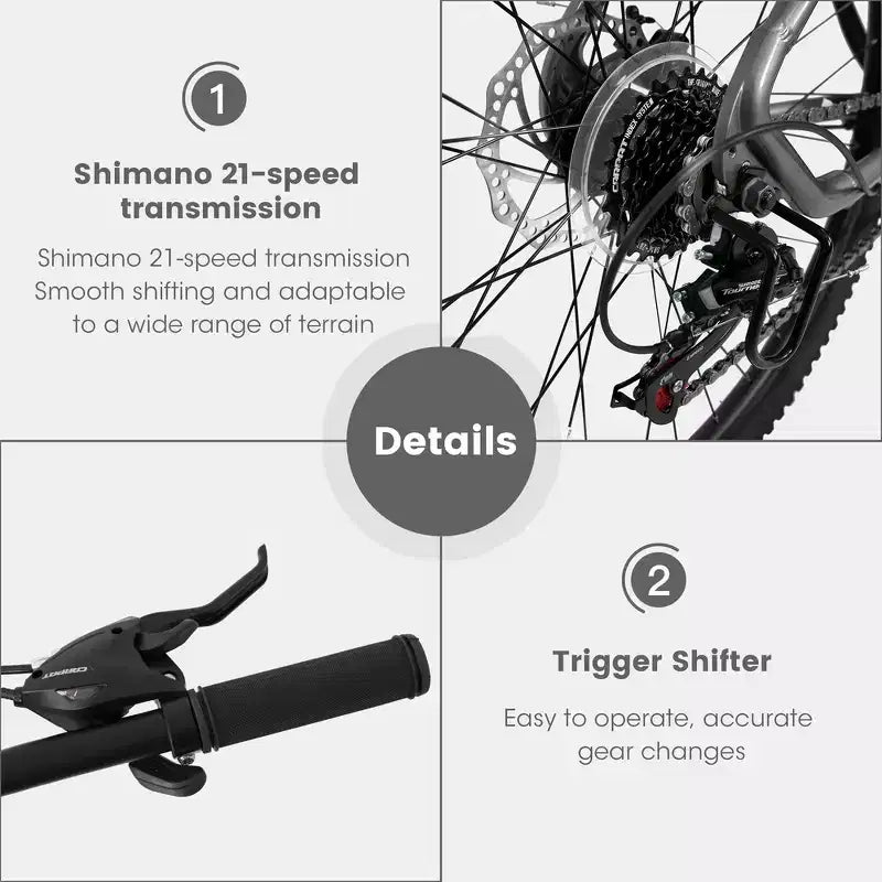 Bicicleta de Montaña Whisen de 27 Pulgadas y 21 Velocidades, Horquilla de Suspensión, Freno de Disco y Cuadro de Aluminio - Gris