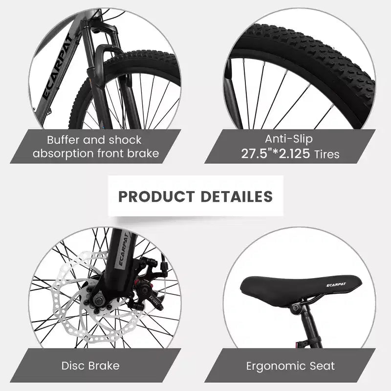 Bicicleta de Montaña Whisen de 27 Pulgadas y 21 Velocidades, Horquilla de Suspensión, Freno de Disco y Cuadro de Aluminio - Gris