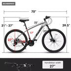 Bicicleta de Montaña Whisen de 27 Pulgadas y 21 Velocidades, Horquilla de Suspensión, Freno de Disco y Cuadro de Aluminio - Gris