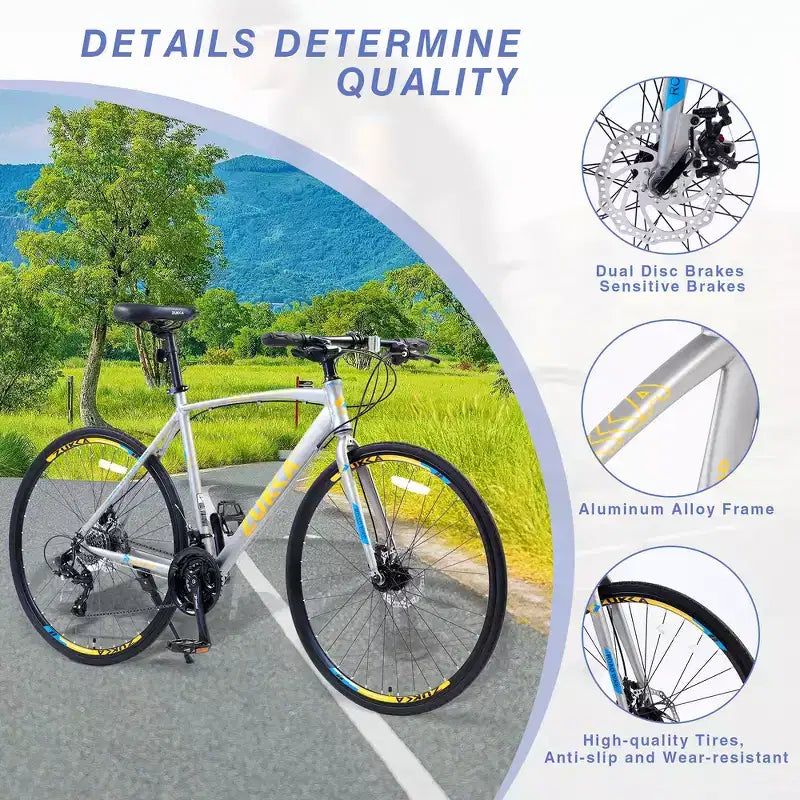Bicicleta híbrida Whisen de 28 pulgadas para adultos, bicicleta de carretera con 24 velocidades, frenos de disco