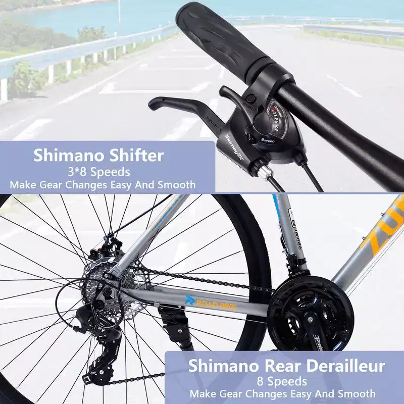 Bicicleta híbrida Whisen de 28 pulgadas para adultos, bicicleta de carretera con 24 velocidades, frenos de disco