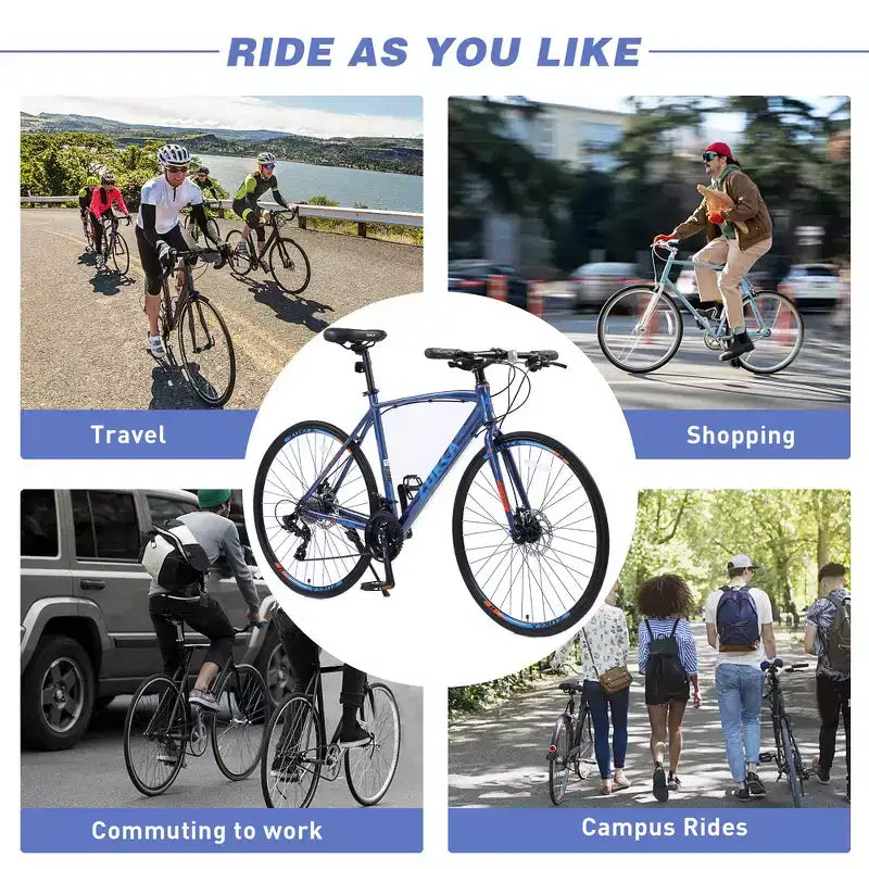 Bicicleta híbrida Whisen de 28 pulgadas para adultos, bicicleta de carretera con 24 velocidades, frenos de disco
