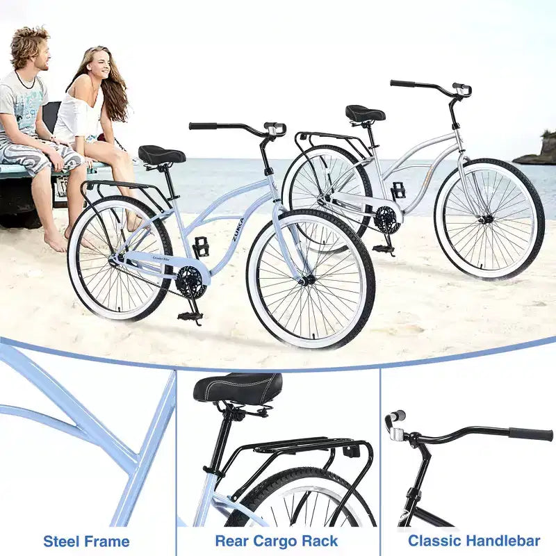 Bicicleta de crucero de playa para hombre Whisen 26, bicicletas de una sola velocidad con cuadro de acero, ruedas anchas para mayor estabilidad