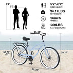 Bicicleta de crucero de playa para hombre Whisen 26, bicicletas de una sola velocidad con cuadro de acero, ruedas anchas para mayor estabilidad