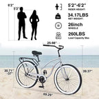 Bicicleta de crucero de playa para hombre Whisen 26, bicicletas de una sola velocidad con cuadro de acero, ruedas anchas para mayor estabilidad
