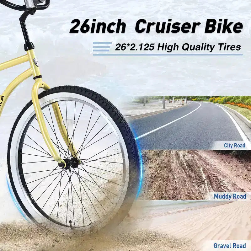 Bicicleta de crucero de playa para hombre Whisen 26, bicicletas de una sola velocidad con cuadro de acero, ruedas anchas para mayor estabilidad