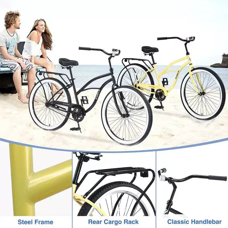 Bicicleta de crucero de playa para hombre Whisen 26, bicicletas de una sola velocidad con cuadro de acero, ruedas anchas para mayor estabilidad