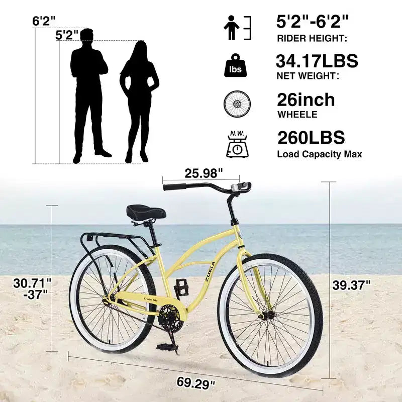 Bicicleta de crucero de playa para hombre Whisen 26, bicicletas de una sola velocidad con cuadro de acero, ruedas anchas para mayor estabilidad