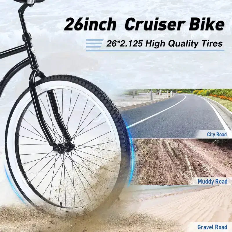 Bicicleta de crucero de playa para hombre Whisen 26, bicicletas de una sola velocidad con cuadro de acero, ruedas anchas para mayor estabilidad