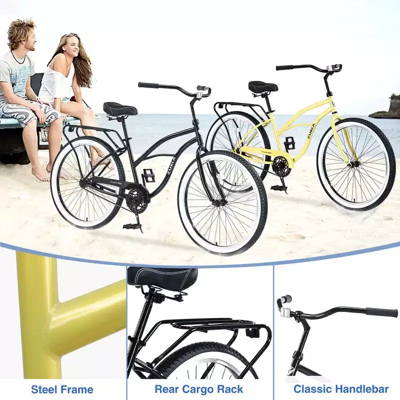 Bicicleta de crucero de playa para hombre Whisen 26, bicicletas de una sola velocidad con cuadro de acero, ruedas anchas para mayor estabilidad