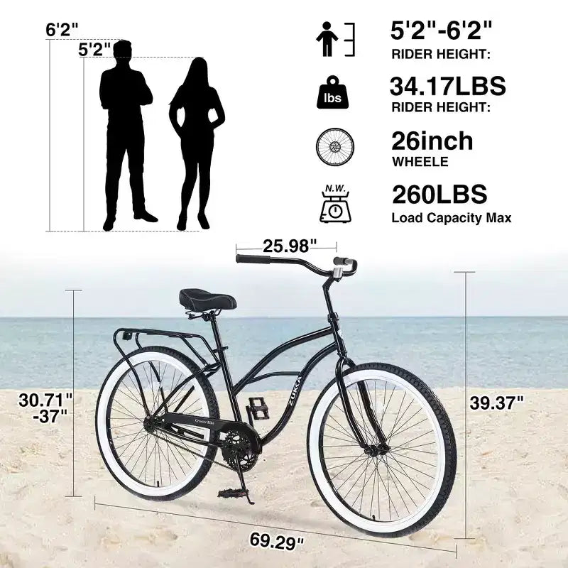 Bicicleta de crucero de playa para hombre Whisen 26, bicicletas de una sola velocidad con cuadro de acero, ruedas anchas para mayor estabilidad