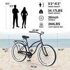 Bicicleta de crucero de playa para hombre Whisen 26, bicicletas de una sola velocidad con cuadro de acero, ruedas anchas para mayor estabilidad