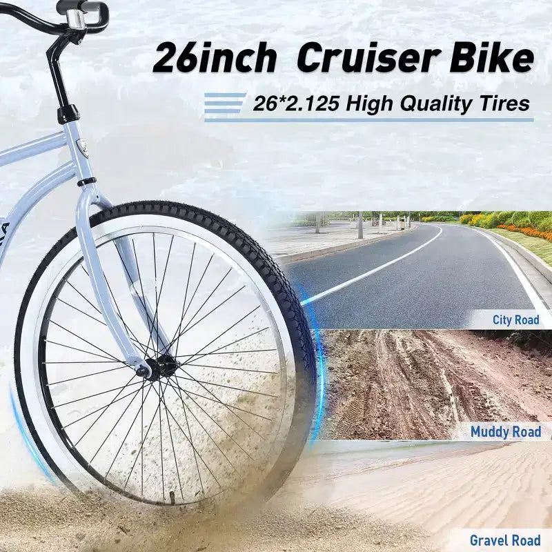 Bicicleta de crucero de playa para hombre Whisen 26, bicicletas de una sola velocidad con cuadro de acero, ruedas anchas para mayor estabilidad