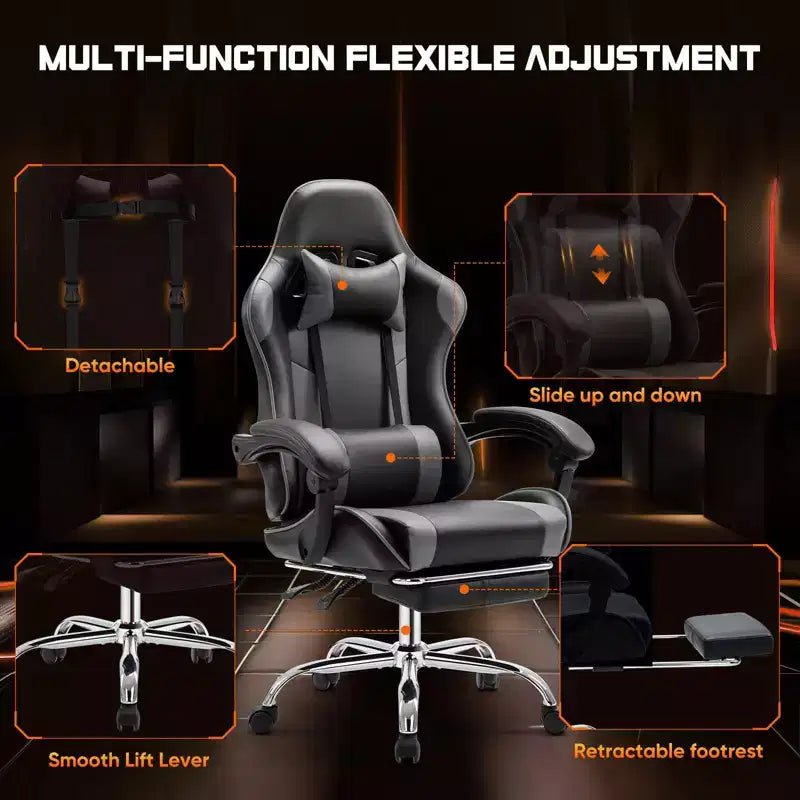 Silla gaming ergonómica Okak con reposapiés y soporte lumbar, silla de ordenador con reposacabezas y reposabrazos, silla con ruedas para estudio y oficina