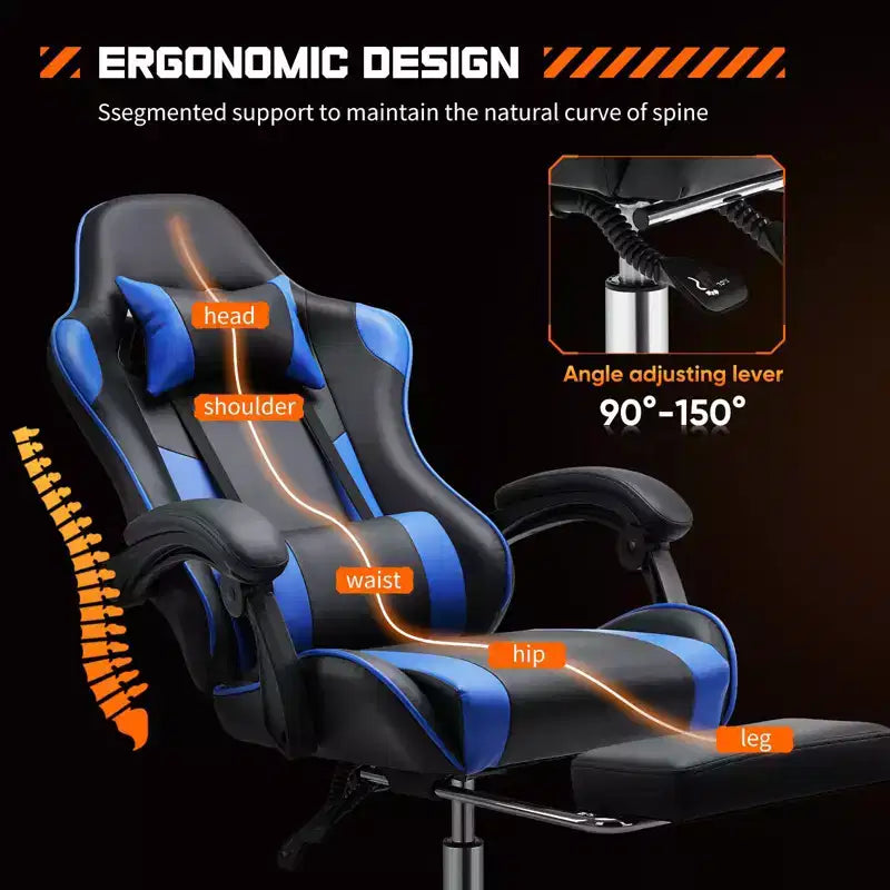 Silla gaming ergonómica Okak con reposapiés y soporte lumbar, silla de ordenador con reposacabezas y reposabrazos, silla con ruedas para estudio y oficina