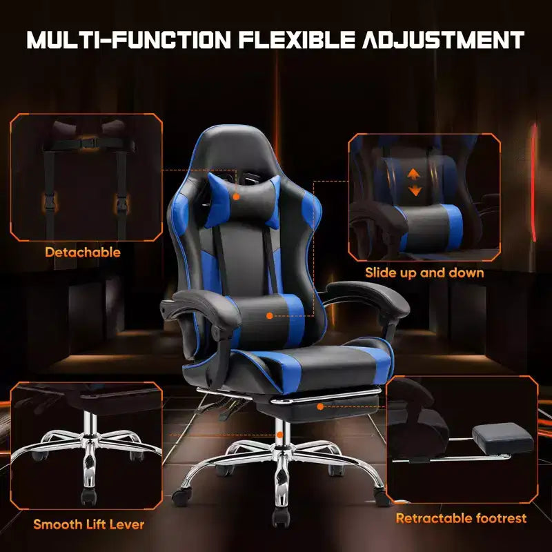 Silla gaming ergonómica Okak con reposapiés y soporte lumbar, silla de ordenador con reposacabezas y reposabrazos, silla con ruedas para estudio y oficina