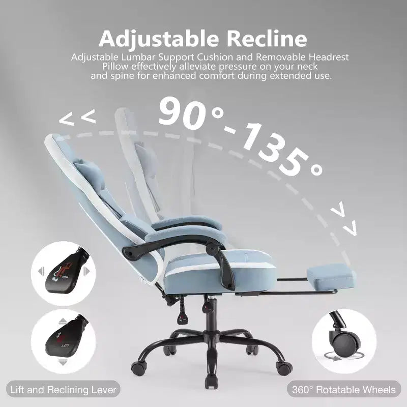 Silla de oficina ergonómica Okak con reposabrazos acolchados, silla gaming con reposapiés y soporte lumbar, silla giratoria con ruedas para casa y oficina