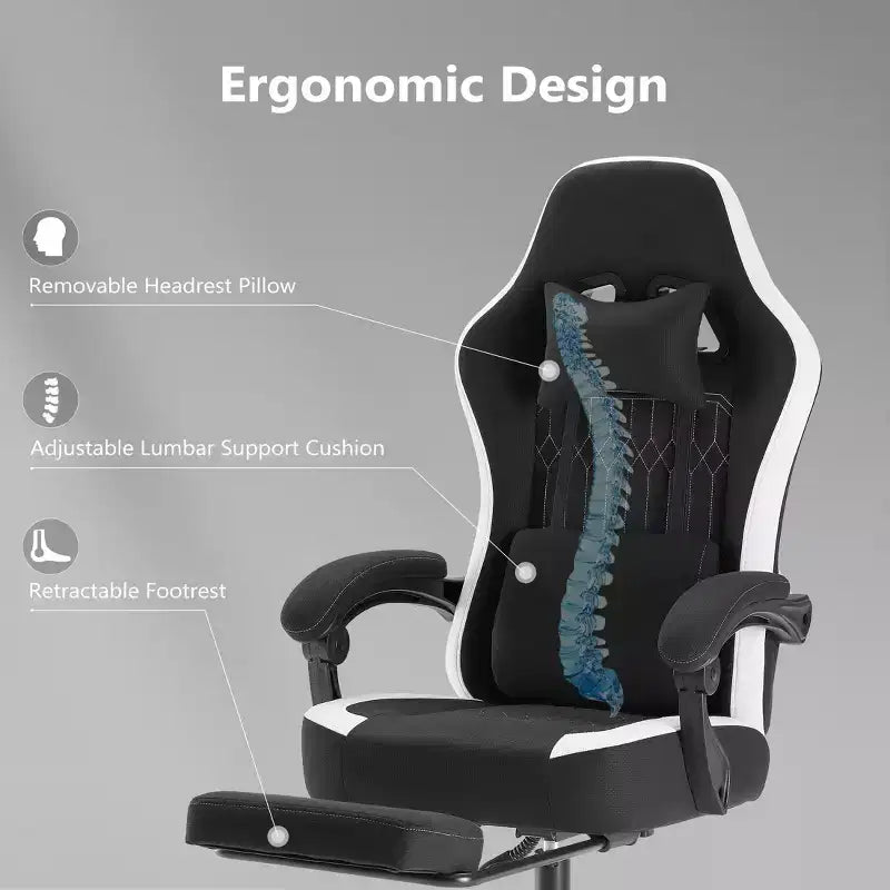 Silla de oficina ergonómica Okak con reposabrazos acolchados, silla gaming con reposapiés y soporte lumbar, silla giratoria con ruedas para casa y oficina
