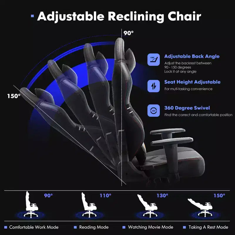 Silla de juego ergonómica de respaldo alto Okak con almohada cervical desmontable, silla de computadora con asiento acolchado y soporte lumbar, silla cómoda para el hogar, negra