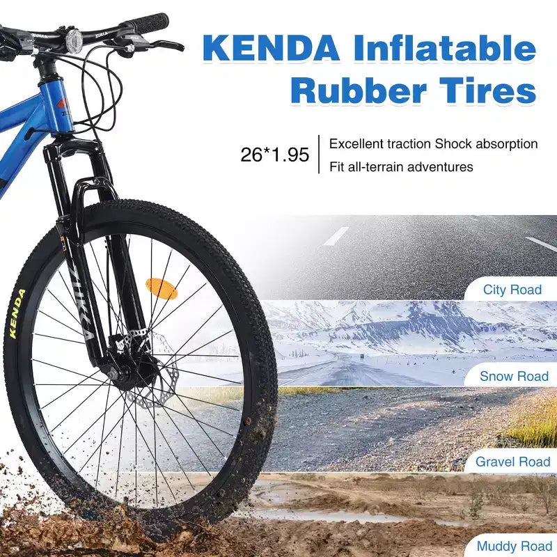 Bicicleta de montaña Whisen 26 con suspensión, cambio trasero de 8 velocidades, horquilla, neumáticos KENDA, frenos de disco dobles
