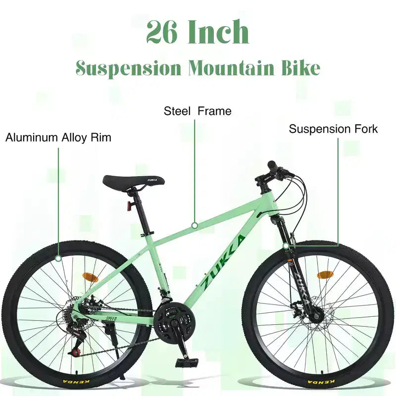 Bicicleta de montaña Whisen 26 con suspensión, cambio trasero de 8 velocidades, horquilla, neumáticos KENDA, frenos de disco dobles
