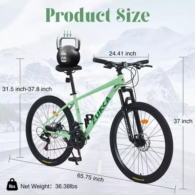 Bicicleta de montaña Whisen 26 con suspensión, cambio trasero de 8 velocidades, horquilla, neumáticos KENDA, frenos de disco dobles
