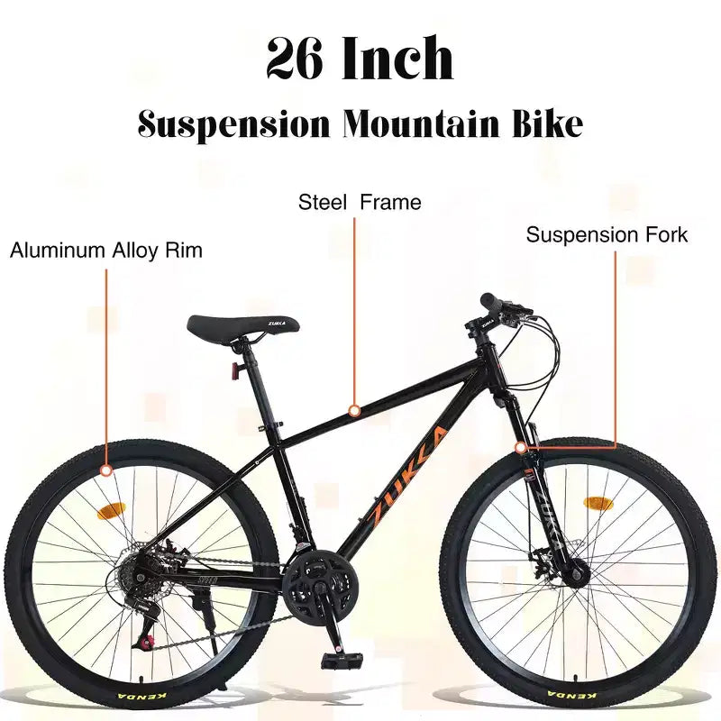 Bicicleta de montaña Whisen 26 con suspensión, cambio trasero de 8 velocidades, horquilla, neumáticos KENDA, frenos de disco dobles